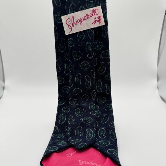 Schiaparelli Wool Paisley Tie โ Dark Blue, Green 1970s, Wool - Picture 1 of 7